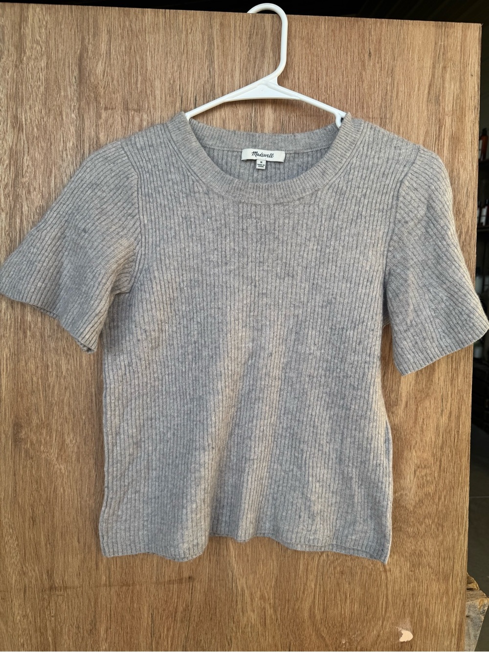Madewell Wool-Blend Short-Sleeve Ribbed Crew Sweater in Heather Gray